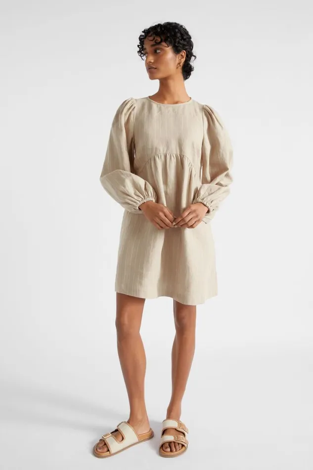 Resort Woman Seed Heritage Linen Pinstripe Mini Dress Cool Sand Stripe