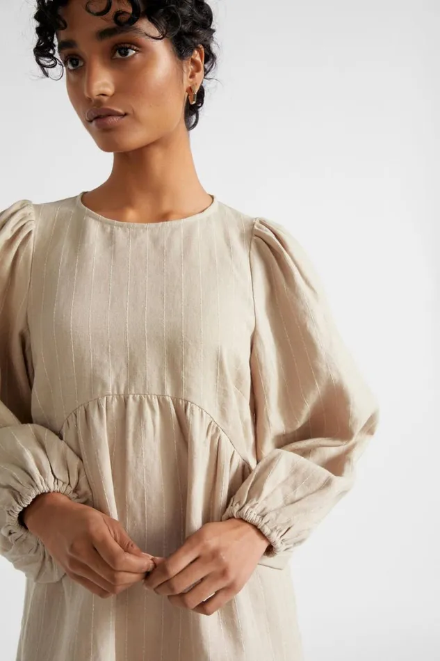 Resort Woman Seed Heritage Linen Pinstripe Mini Dress Cool Sand Stripe