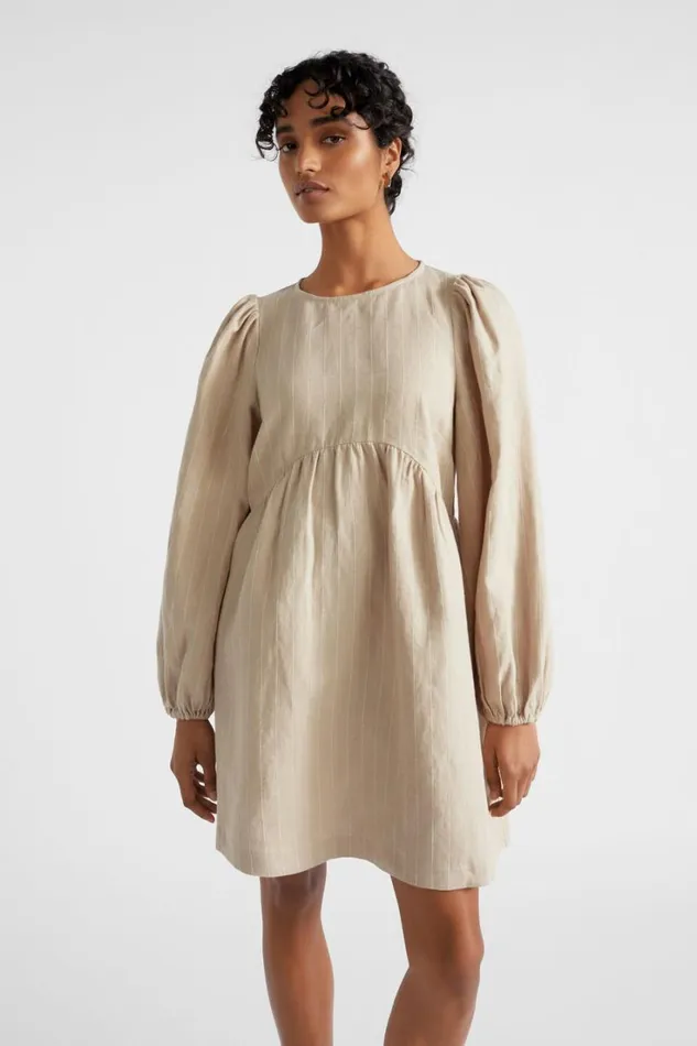 Resort Woman Seed Heritage Linen Pinstripe Mini Dress Cool Sand Stripe