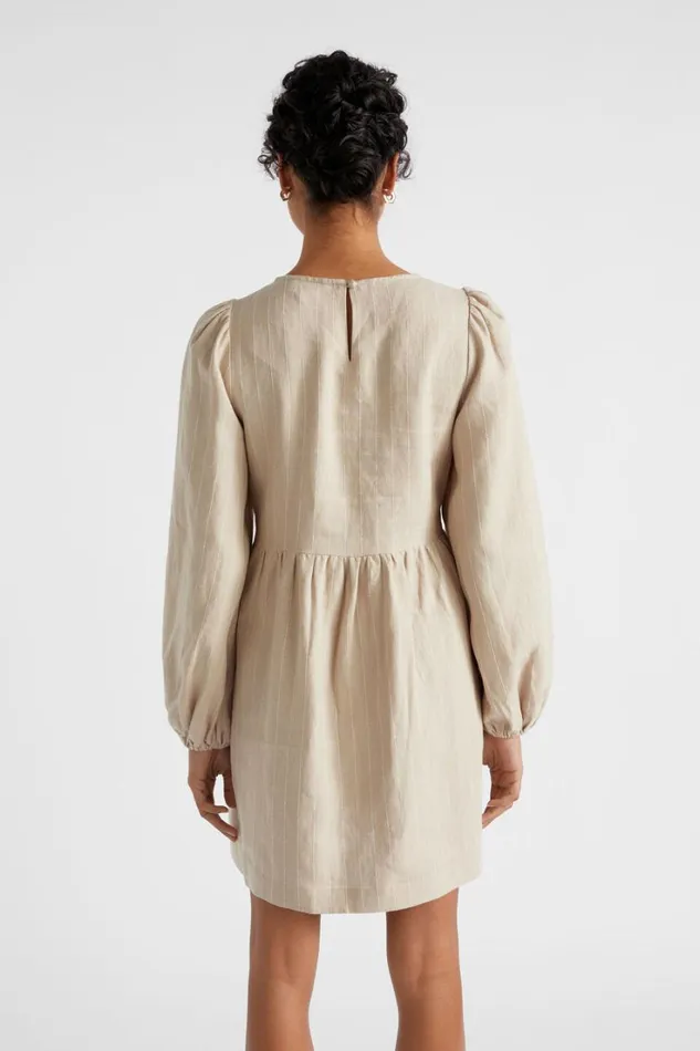 Resort Woman Seed Heritage Linen Pinstripe Mini Dress Cool Sand Stripe