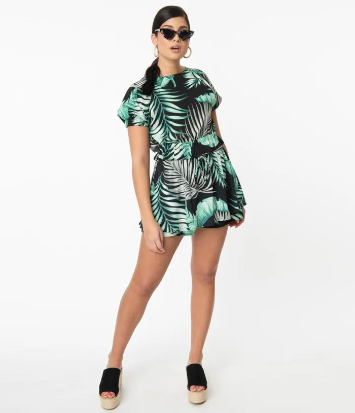 Retro Style Green and Black Palm Print Tropical Skort Clothing Unique Vintage Skirts