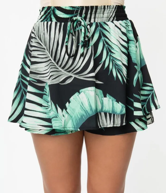 Retro Style Green and Black Palm Print Tropical Skort Clothing Unique Vintage Skirts