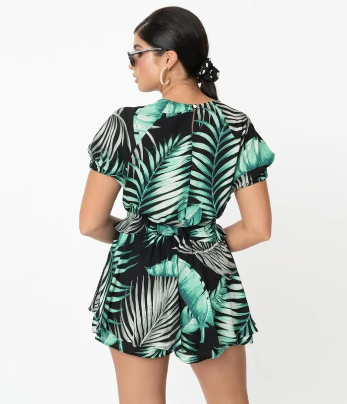 Retro Style Green and Black Palm Print Tropical Skort Clothing Unique Vintage Skirts