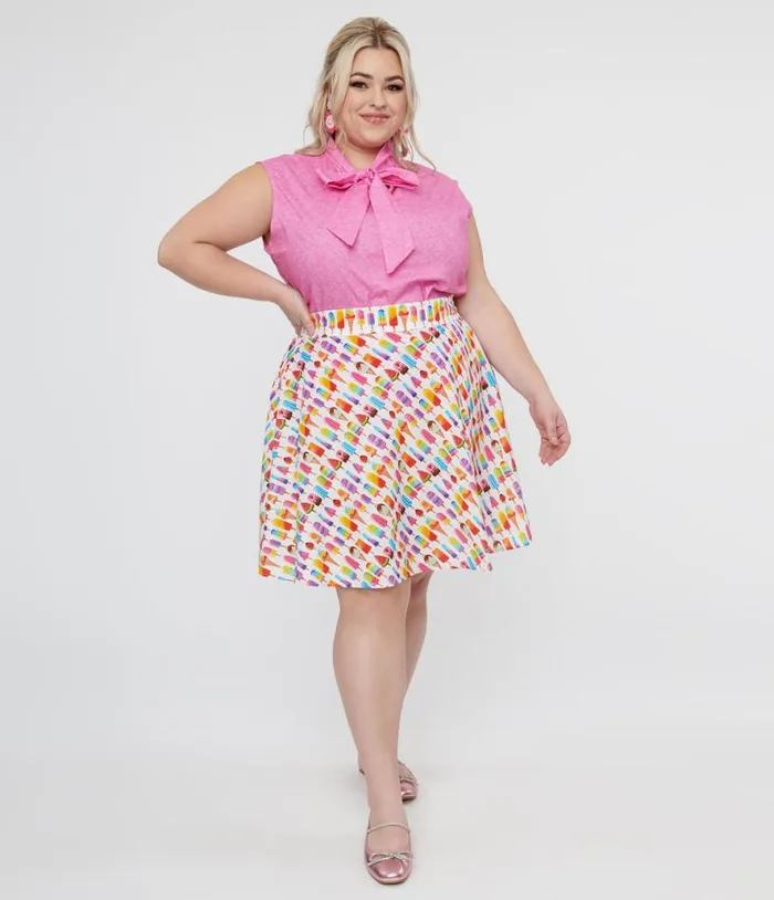 Retrolicious Plus Size 1950s Multicolor Ice Cream Print Skater Skirt ClothingPlus Unique Vintage Skirts Retrolicious Plus Size 1950s Multicolor Ice Cream Print Skater Skirt ClothingPlus Unique Vintage Skirts