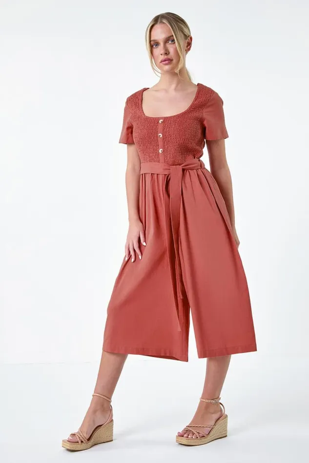 Rose Petite Shirred Button Detail Culotte Jumpsuit Women Roman Dresses