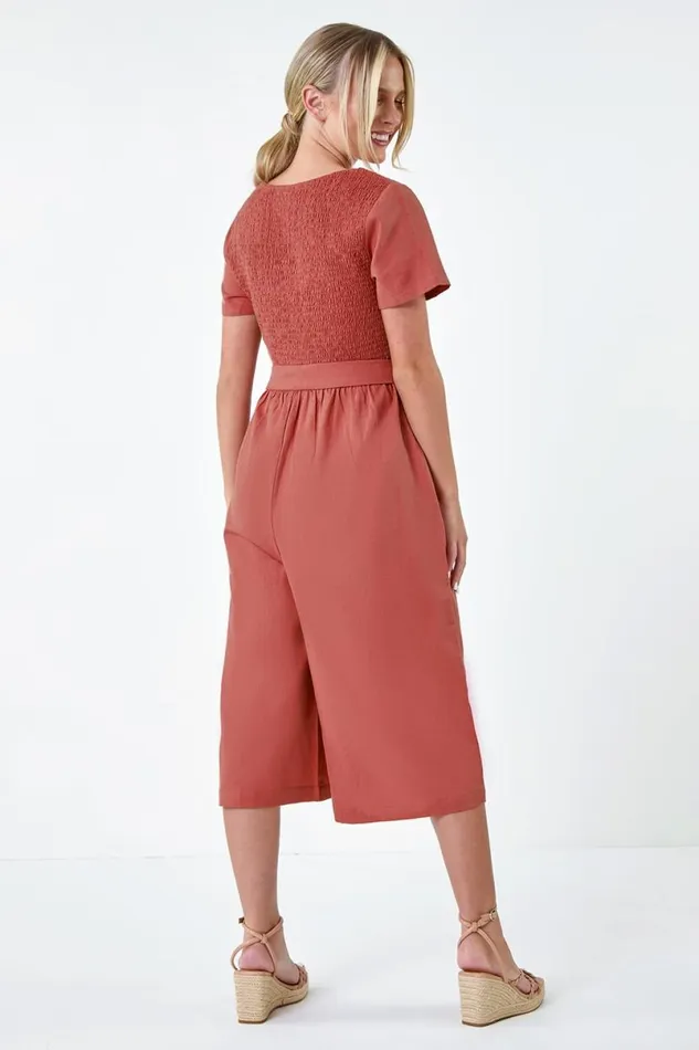 Rose Petite Shirred Button Detail Culotte Jumpsuit Women Roman Dresses
