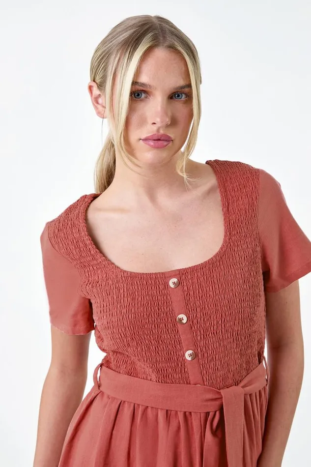 Rose Petite Shirred Button Detail Culotte Jumpsuit Women Roman Dresses