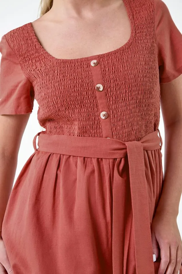 Rose Petite Shirred Button Detail Culotte Jumpsuit Women Roman Dresses
