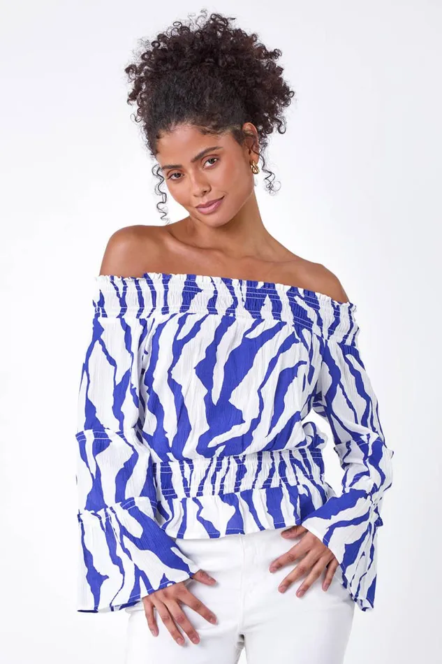 Royal Blue Animal Print Textured Bardot Top Women Roman Tops