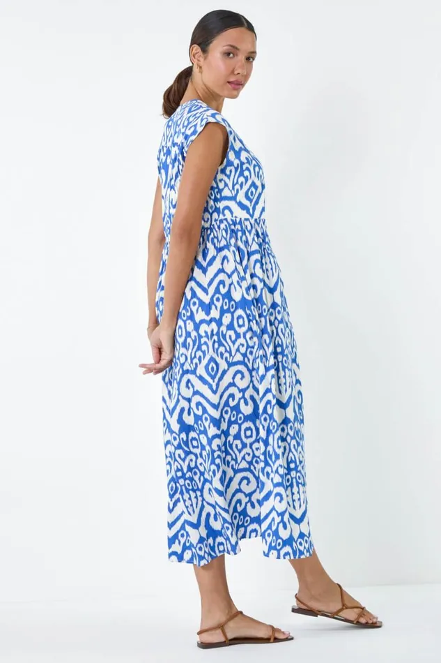 Royal Blue Aztec Print Midi Smock Dress Women Roman Dresses