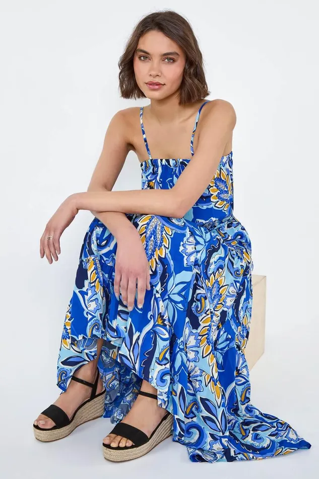 Royal Blue Baroque Print Tiered Midi Dress Women Roman Dresses