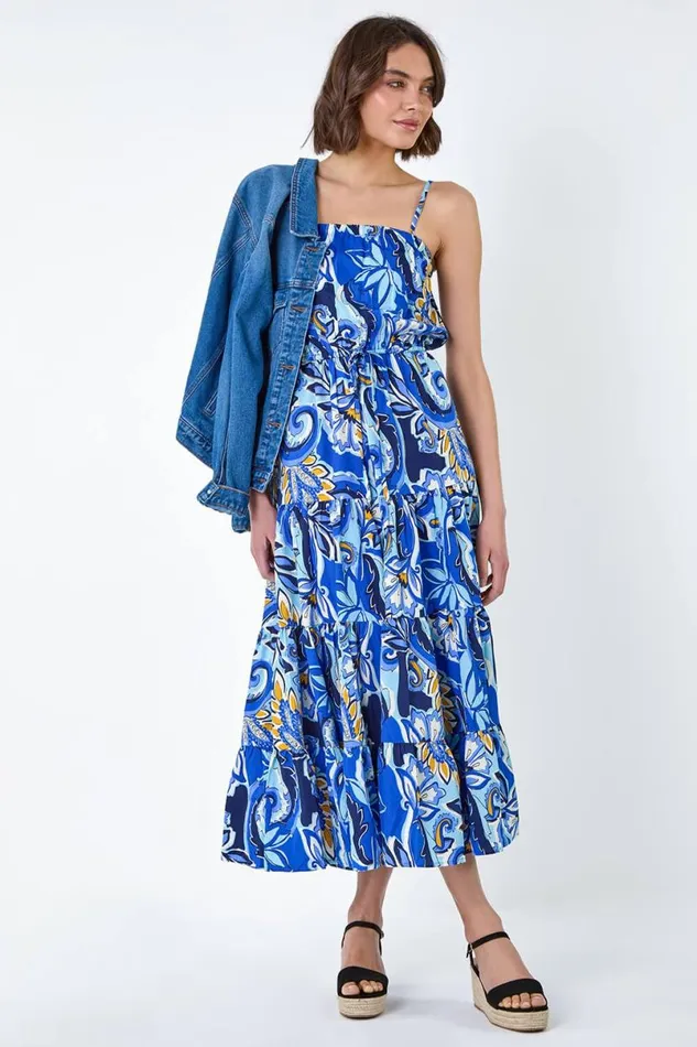Royal Blue Baroque Print Tiered Midi Dress Women Roman Dresses