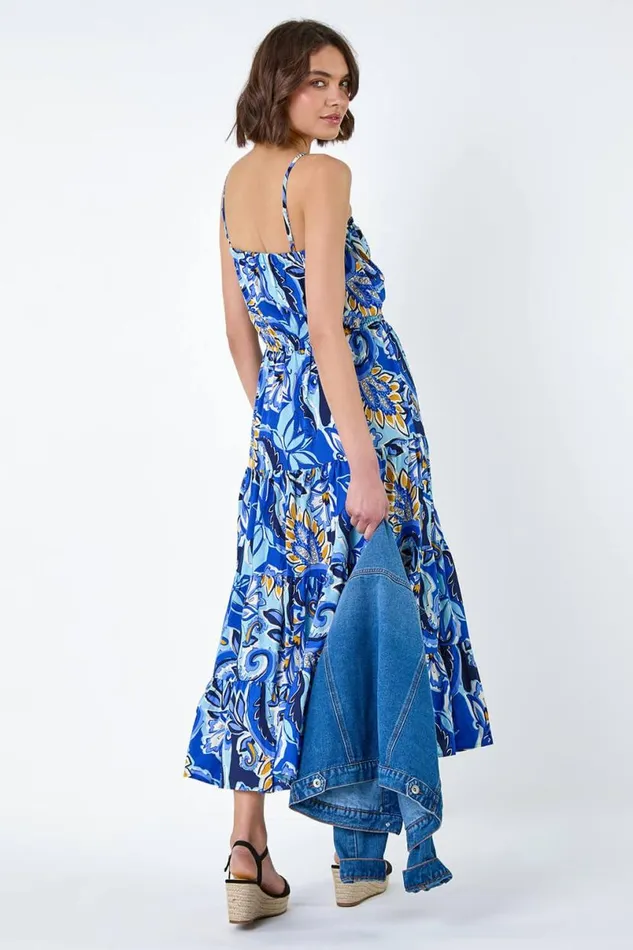 Royal Blue Baroque Print Tiered Midi Dress Women Roman Dresses
