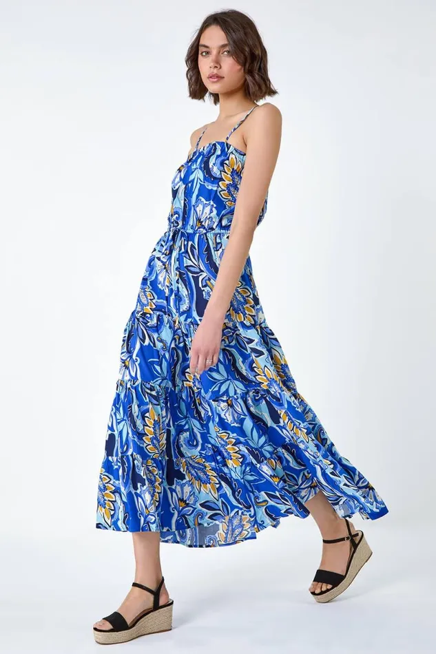 Royal Blue Baroque Print Tiered Midi Dress Women Roman Dresses