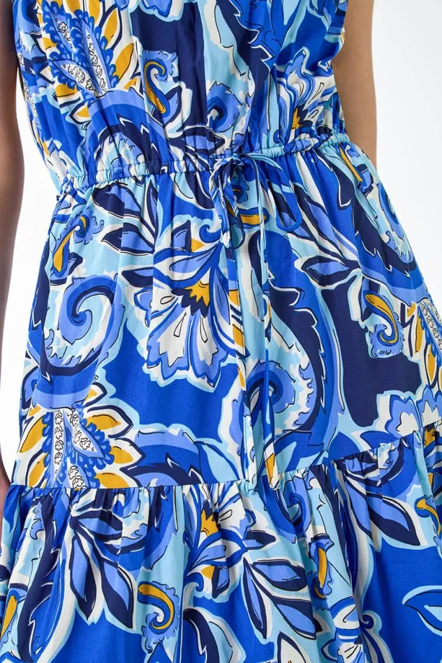 Royal Blue Baroque Print Tiered Midi Dress Women Roman Dresses