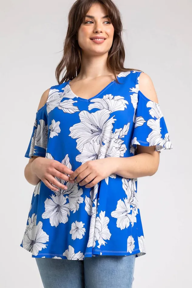 Royal Blue Curve Floral Print VNeck Cold Shoulder Top Women Roman Tops