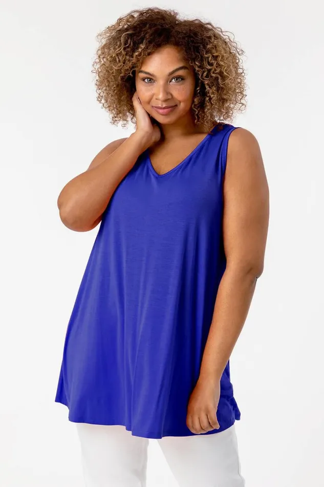Royal Blue Curve Plain VNeck Vest Top Women Roman Tops