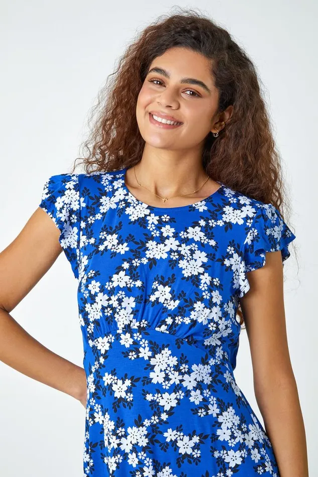 Royal Blue Floral Print Frill Sleeve Stretch Dress Women Roman Dresses