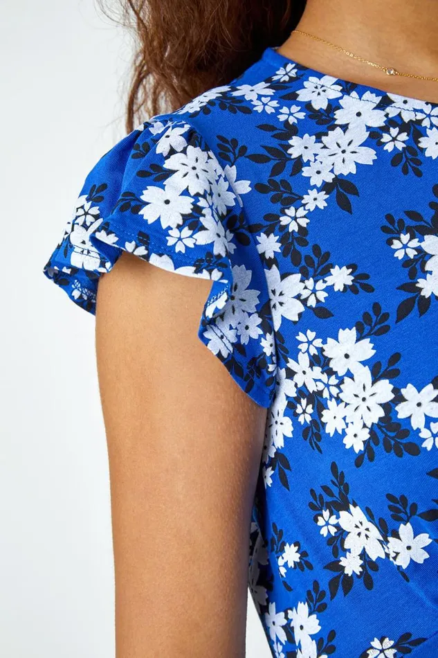 Royal Blue Floral Print Frill Sleeve Stretch Dress Women Roman Dresses