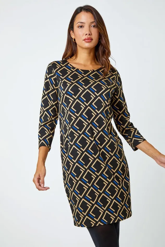 Royal Blue Geometric Print Shift Stretch Dress Women Roman Dresses