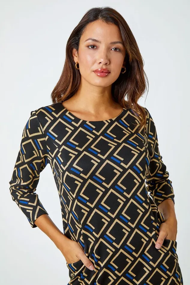 Royal Blue Geometric Print Shift Stretch Dress Women Roman Dresses