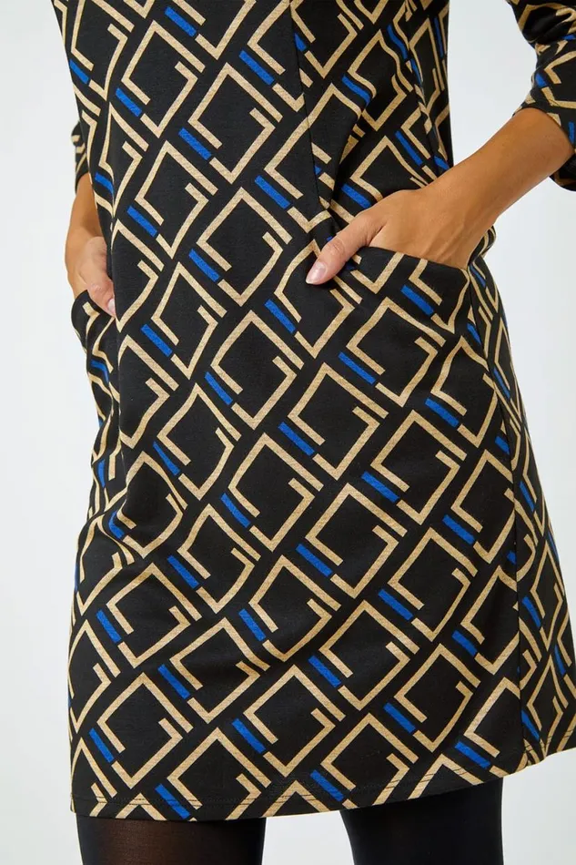 Royal Blue Geometric Print Shift Stretch Dress Women Roman Dresses
