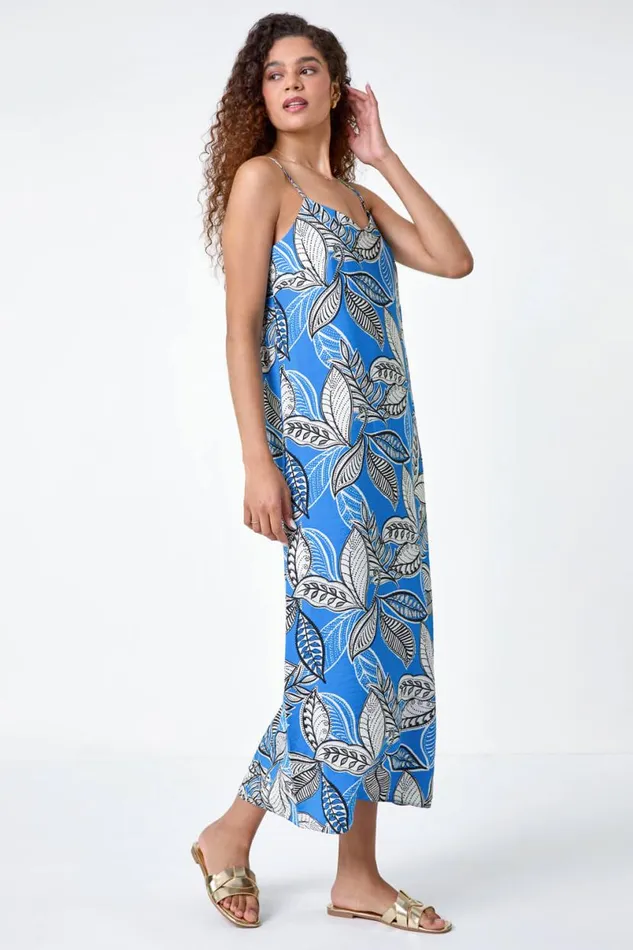 Royal Blue Tropical Leaf Print Midi Dress Women Roman Dresses
