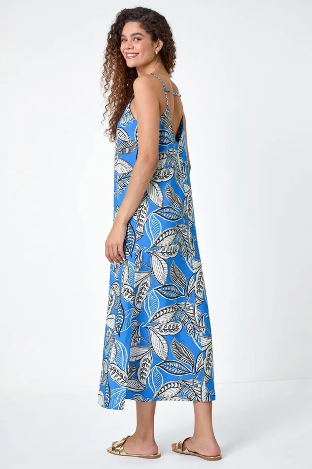 Royal Blue Tropical Leaf Print Midi Dress Women Roman Dresses