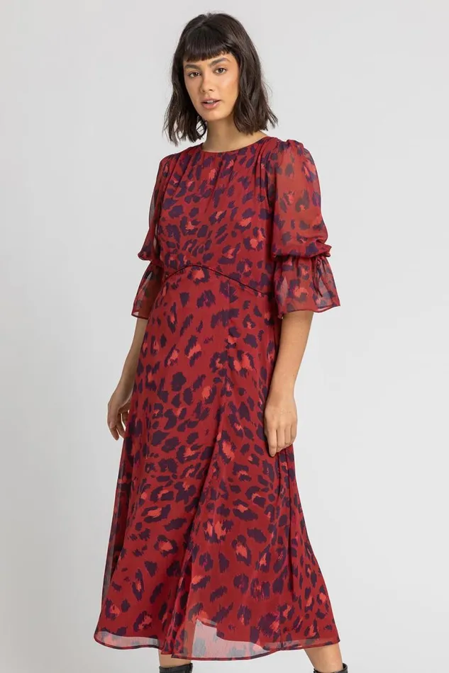 Rust Leopard Print Chiffon Maxi Dress Women Roman Dresses