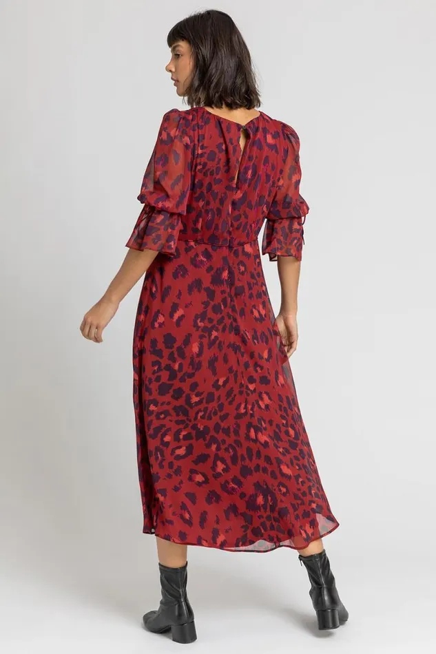 Rust Leopard Print Chiffon Maxi Dress Women Roman Dresses