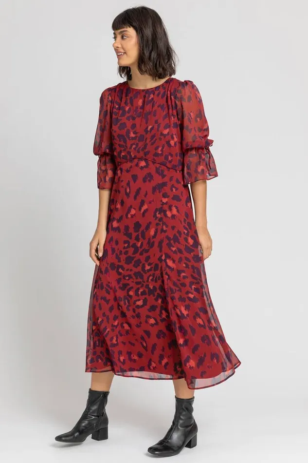 Rust Leopard Print Chiffon Maxi Dress Women Roman Dresses