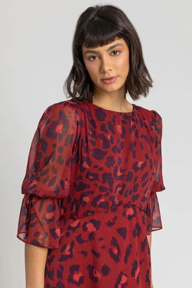 Rust Leopard Print Chiffon Maxi Dress Women Roman Dresses