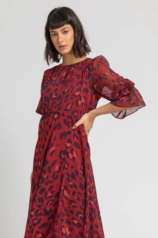 Rust Leopard Print Chiffon Maxi Dress Women Roman Dresses