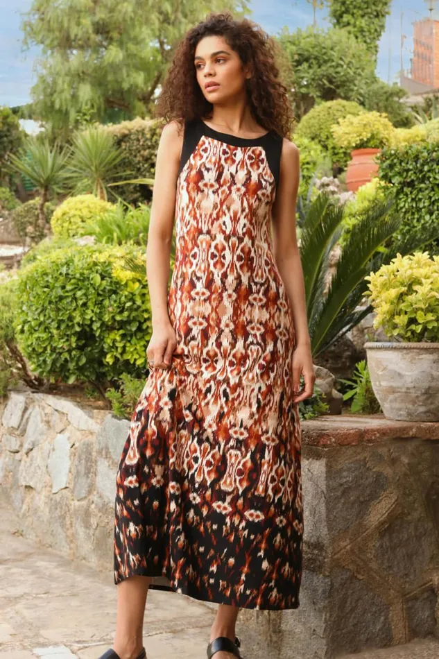Rust Sleeveless Aztec Maxi Stretch Dress Women Roman Dresses
