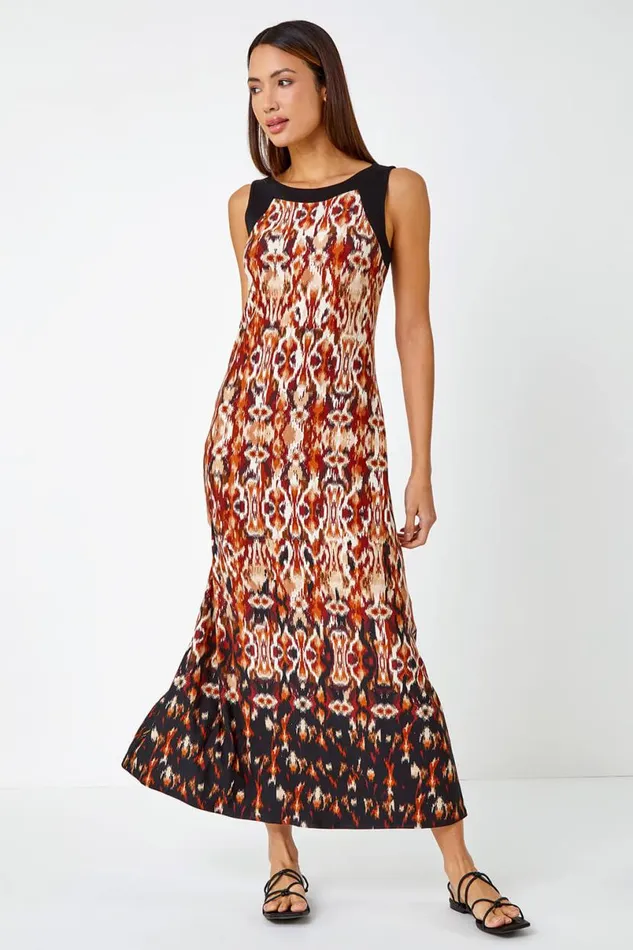 Rust Sleeveless Aztec Maxi Stretch Dress Women Roman Dresses