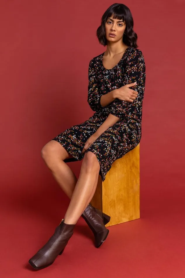 Rust Square Neck Ditsy Floral Dress Women Roman Dresses