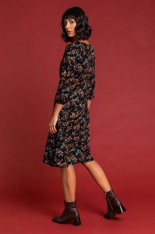 Rust Square Neck Ditsy Floral Dress Women Roman Dresses