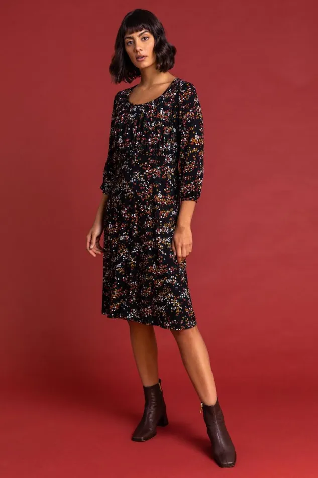 Rust Square Neck Ditsy Floral Dress Women Roman Dresses
