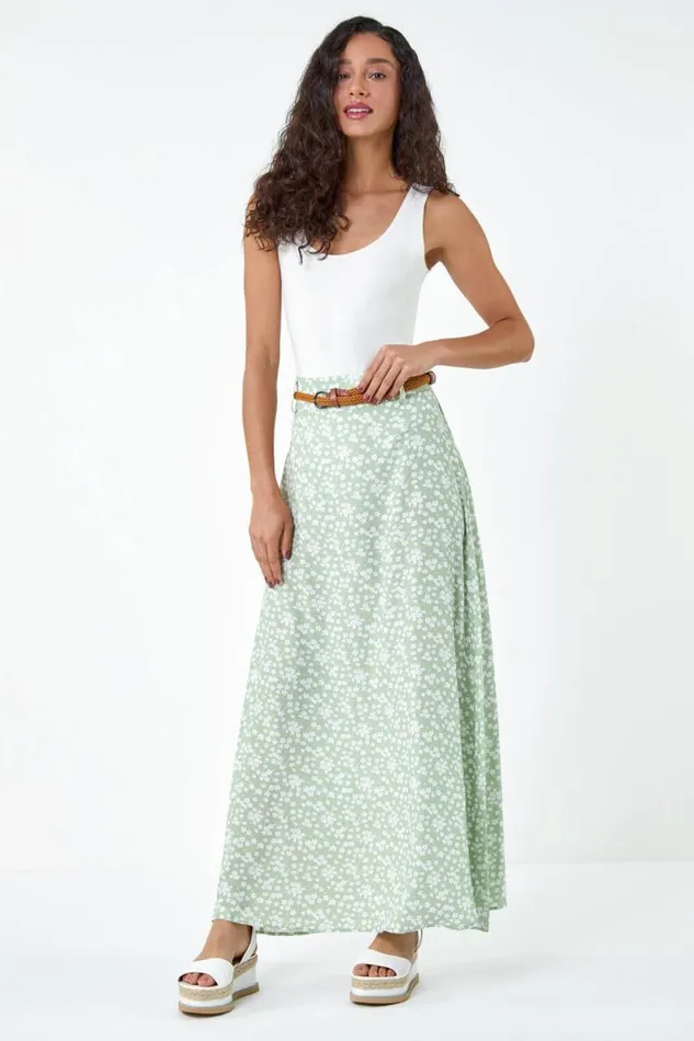 Sage Ditsy Floral Belted A Line Maxi Skirt Women Roman Skirts