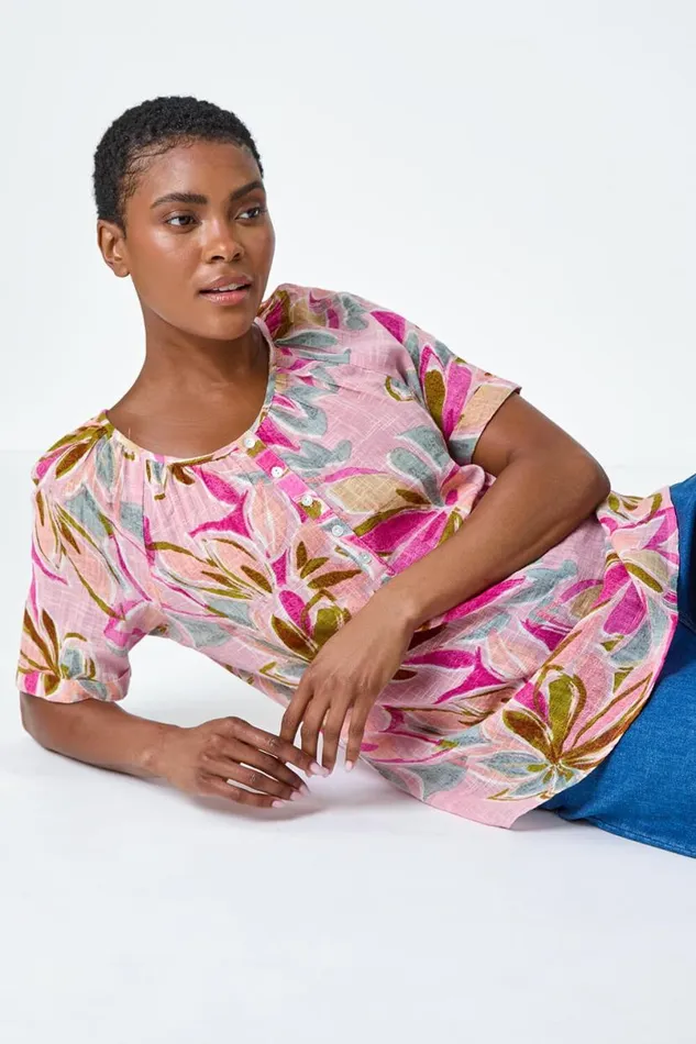 Salmon Floral Button Detail Top Women Roman Tops