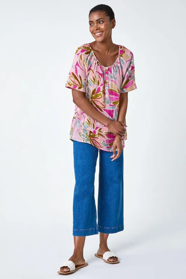 Salmon Floral Button Detail Top Women Roman Tops
