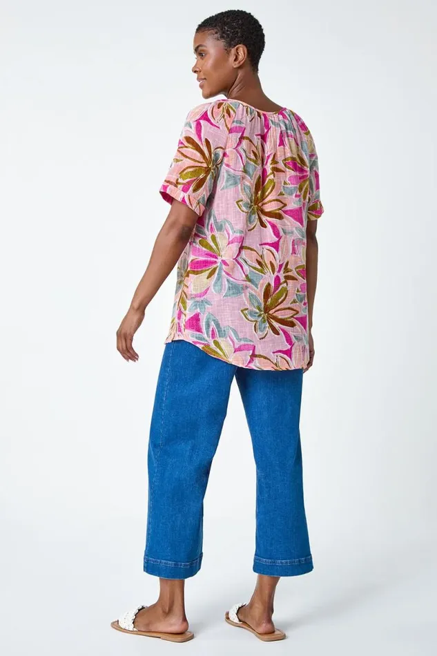 Salmon Floral Button Detail Top Women Roman Tops