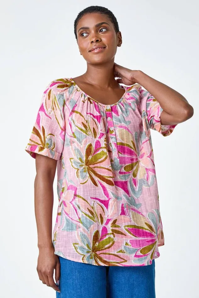 Salmon Floral Button Detail Top Women Roman Tops