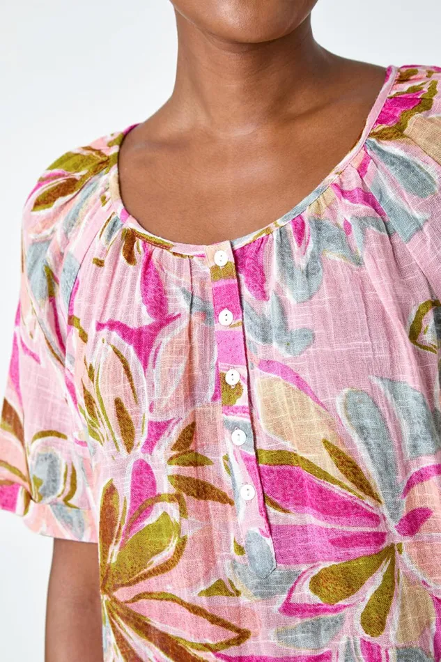 Salmon Floral Button Detail Top Women Roman Tops