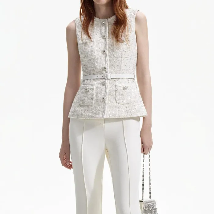 Self Portrait Bottoms Cream Sequin Boucle Jumpsuit 8211 Women