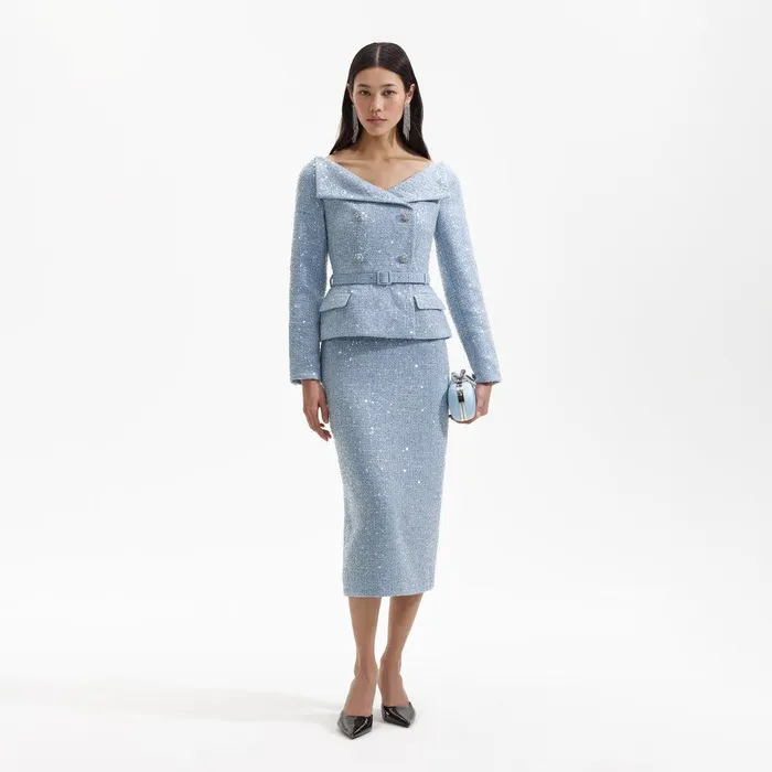 Self Portrait Dresses Blue Sequin Boucle Midi Dress 8211 Women