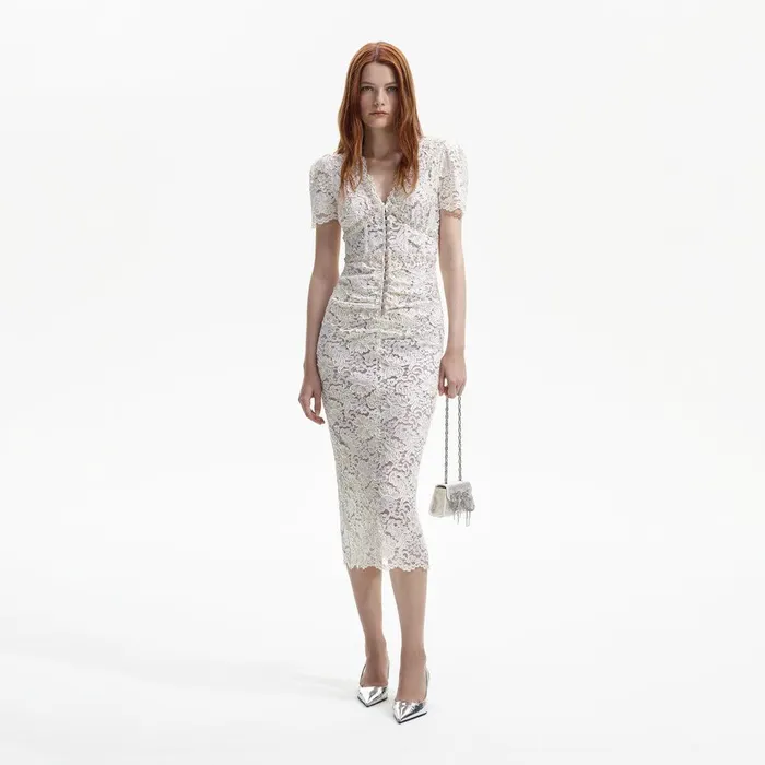 Self Portrait Dresses Cream Cord Lace VNeck Midi Dress 8211 Women