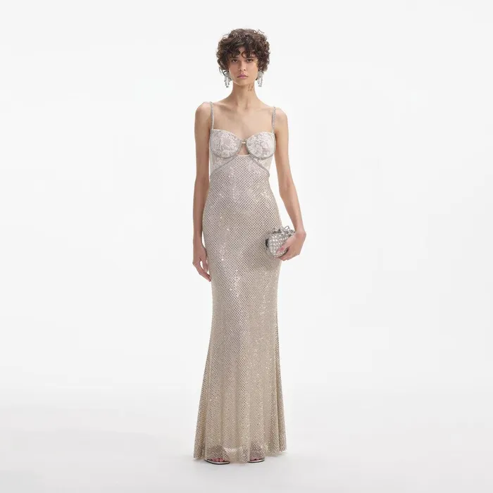 Self Portrait Dresses Cream Rhinestone Mesh Maxi Dress 8211 Women