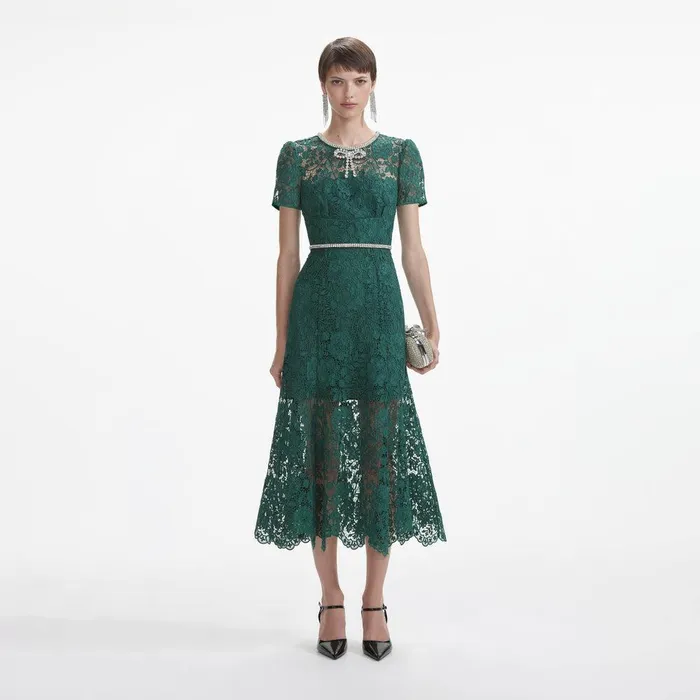 Self Portrait Dresses Green Lace Diamante Bow Midi Dress 8211 Women