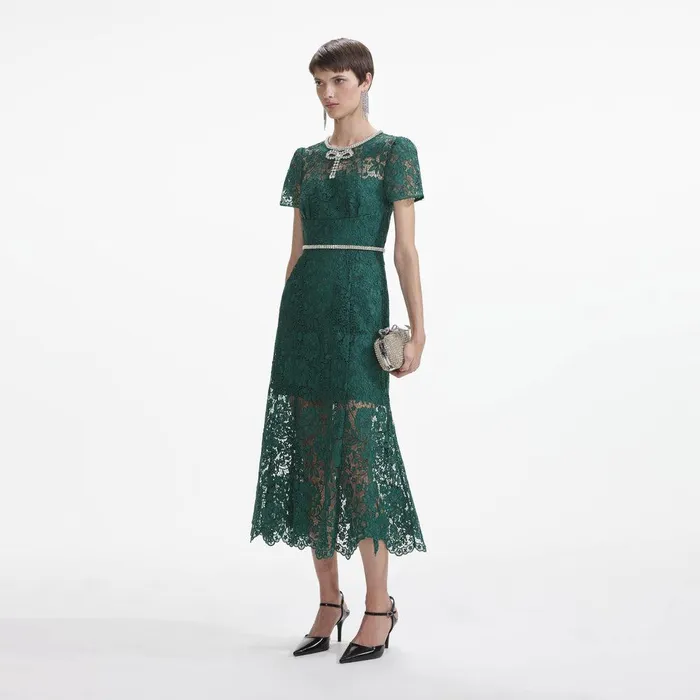 Self Portrait Dresses Green Lace Diamante Bow Midi Dress 8211 Women